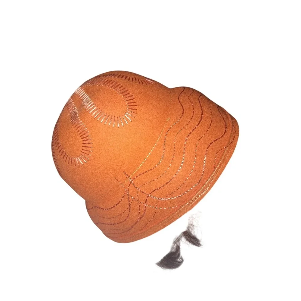 Vintage Union Made 60s 70s Fall Orange Floral Stitched Wool Bucket Style Hat‎
